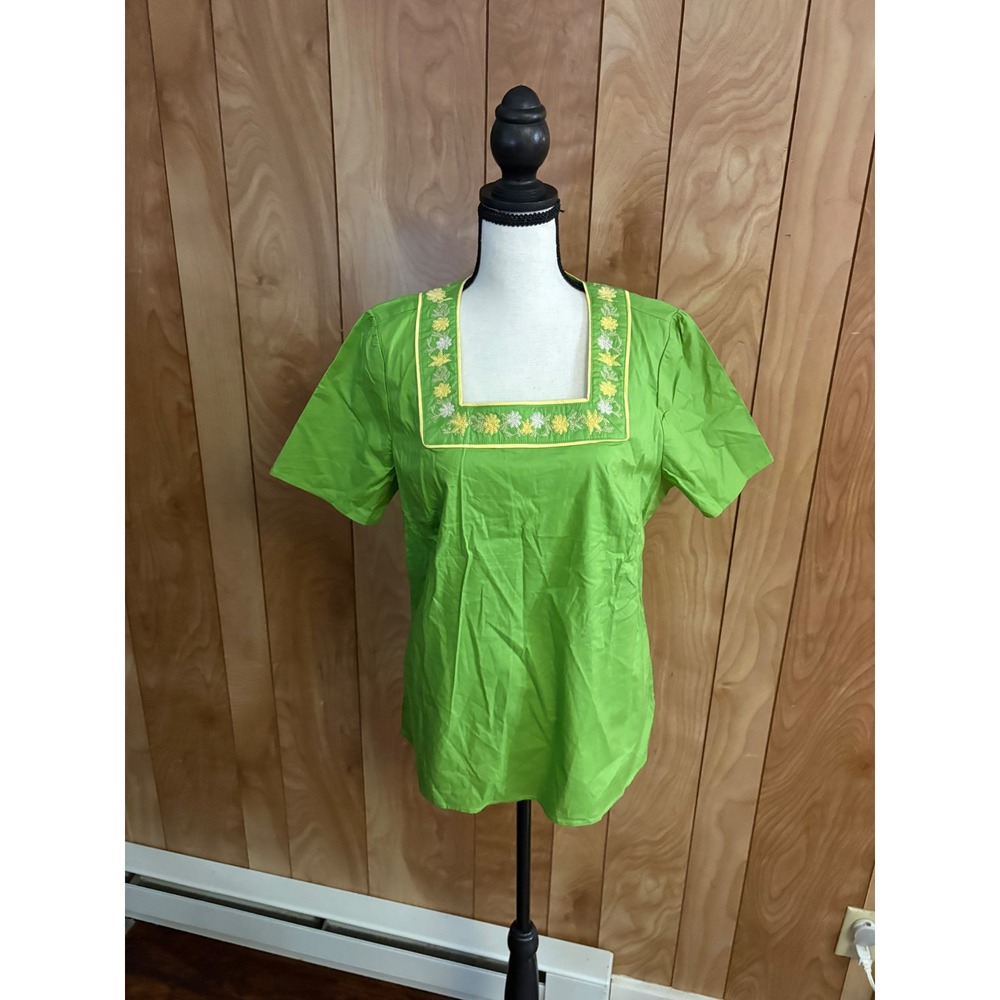 Denim & Co Womens Lime Green‎ Embroidered Square Neck Short Sleeve Blouse Small